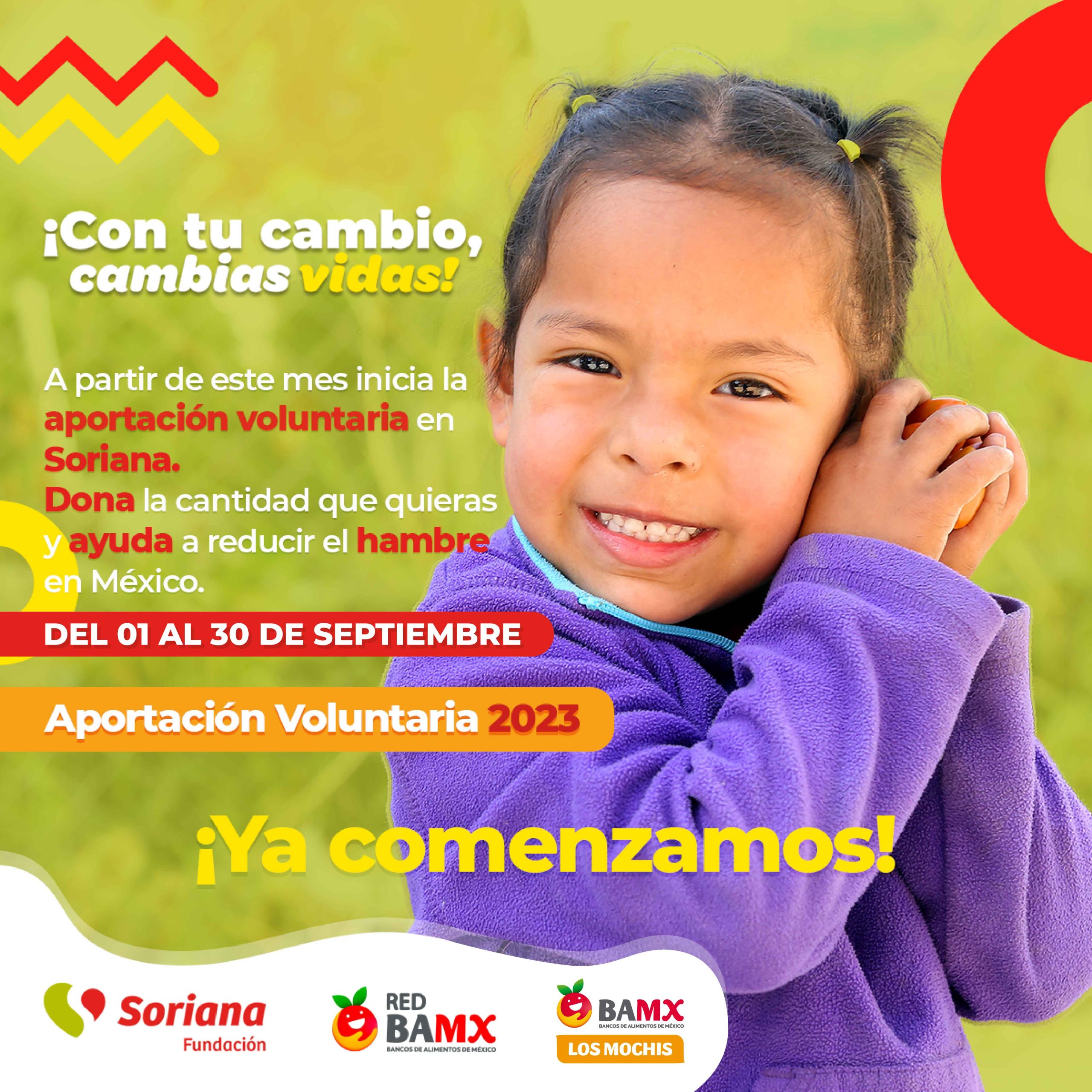 Soriana y BAMX LOS MOCHIS Aportación Voluntaria, Con tu cambio, Cambias vidas, Dona y ayuda a reducir el hambre en México. Niña Feliz.