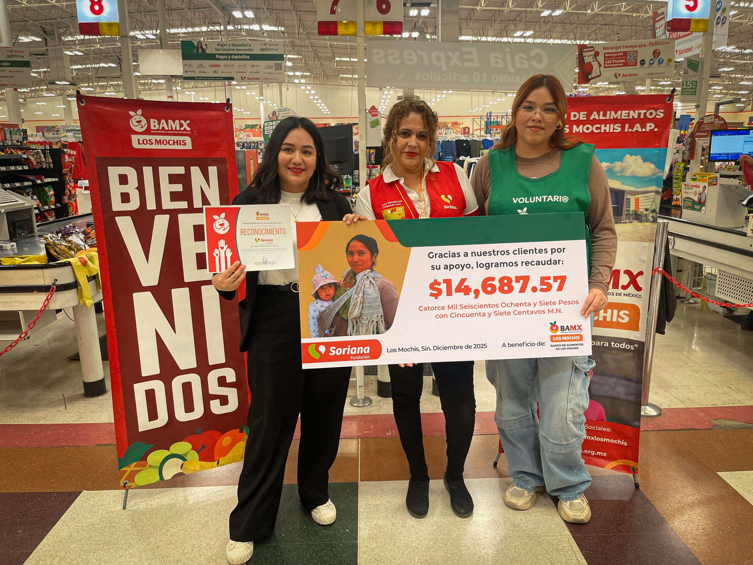 El Banco de Alimentos de Los Mochis presenta los resultados de la campaña de Aportación Voluntaria de Clientes Soriana 2025 “Tu cambio alimenta”, llevado a cabo en la ciudad de Los Mochis, en la cual participaron 2 sucursales de Soriana en la ciudad: sucursal Independencia y sucursal Rosales.