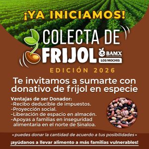 Ya iniciamos la colecta de frijol edición 2026, te invitamos a sumarte con donativo de frijol en especie, puedes donar la cantidad de acuerdo a tus posibilidades, ayúdanos a llevar alimento a más familias vulnerables.